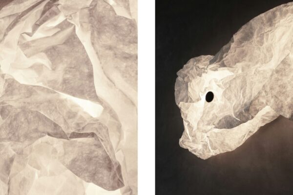 Lampă artistică din hârtie mototolită iluminată din interior