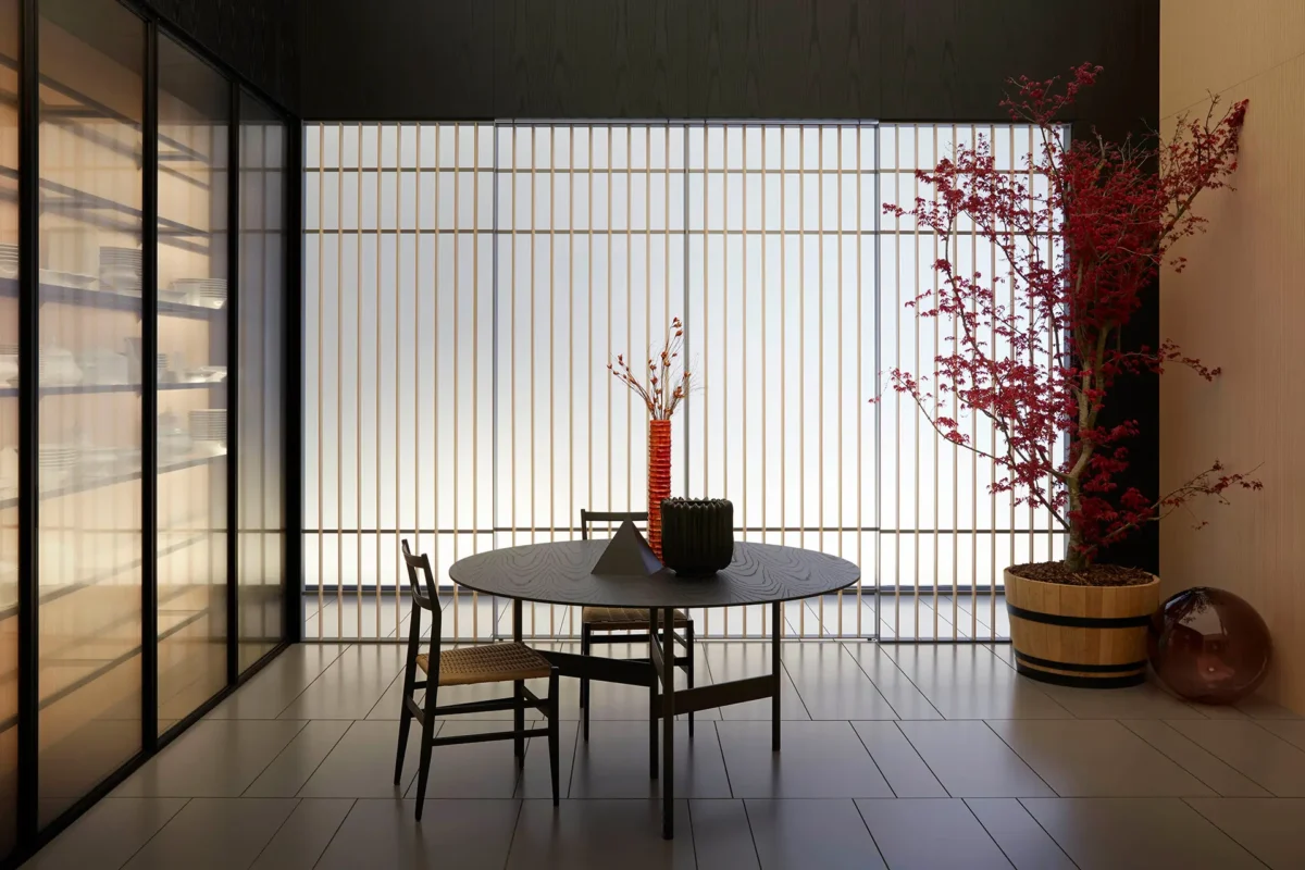 Interior japonez minimalist cu masă și arțar roșu
